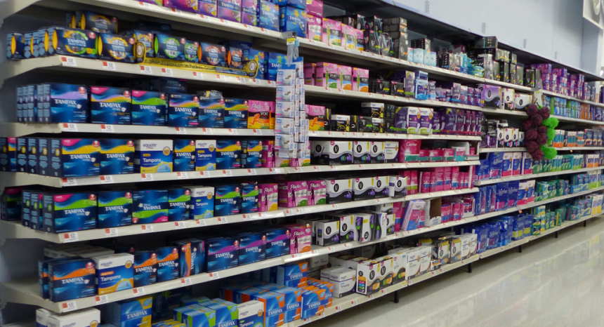 Feminine hygiene products on the shelves of a store