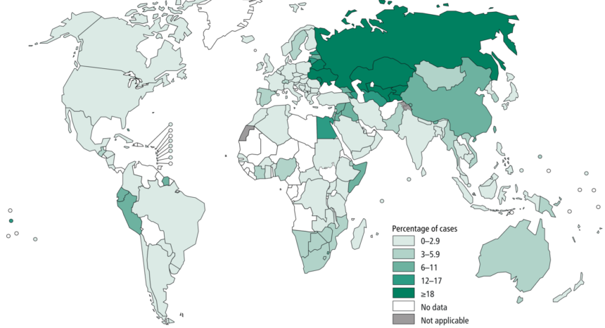 World map with percentage of new TB cases with MDR/RR-TB