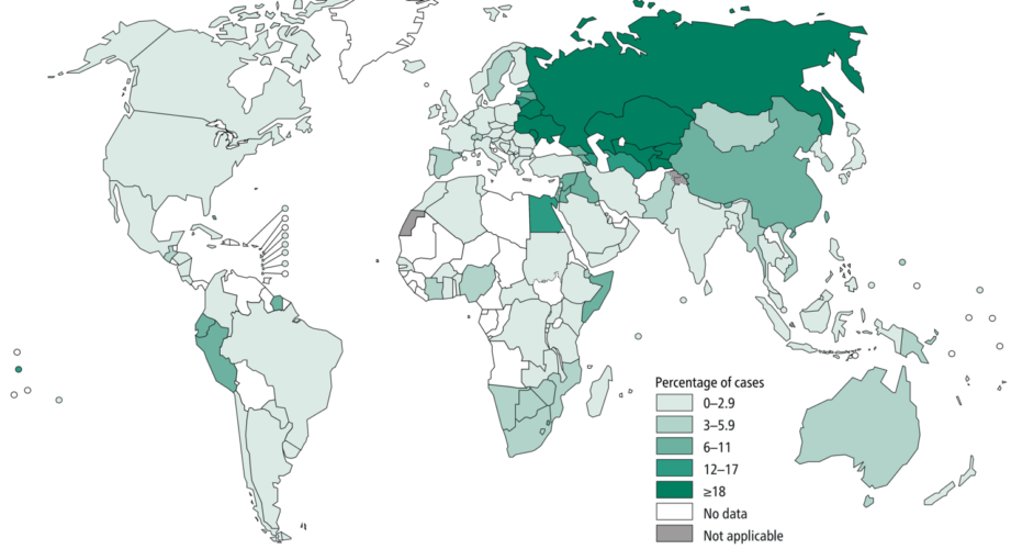 World map with percentage of new TB cases with MDR/RR-TB