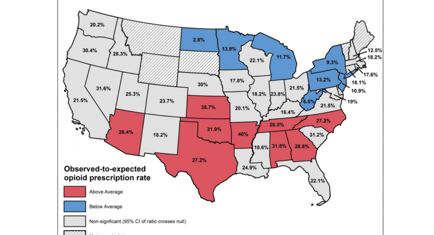 (Map of state-level variation in the ED opioid prescribing rate for ankle sprains 2014 to 2015 among patients who were opioid naive. / Penn Medicine)