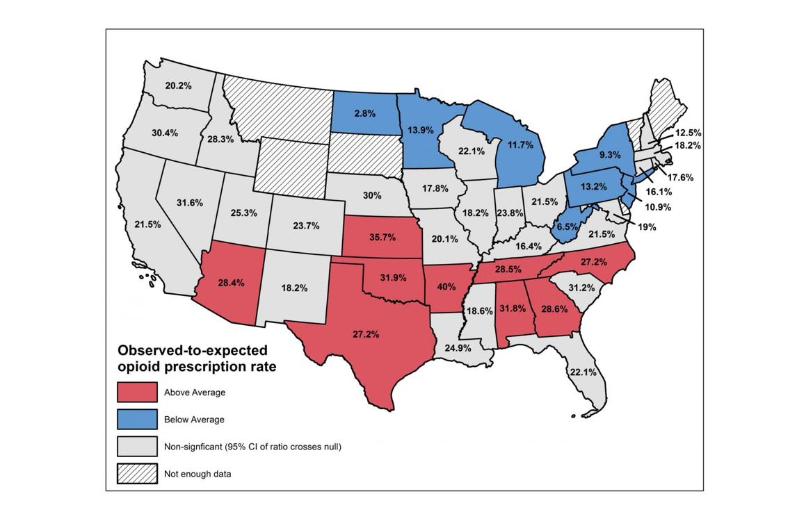 (Map of state-level variation in the ED opioid prescribing rate for ankle sprains 2014 to 2015 among patients who were opioid naive. / Penn Medicine)