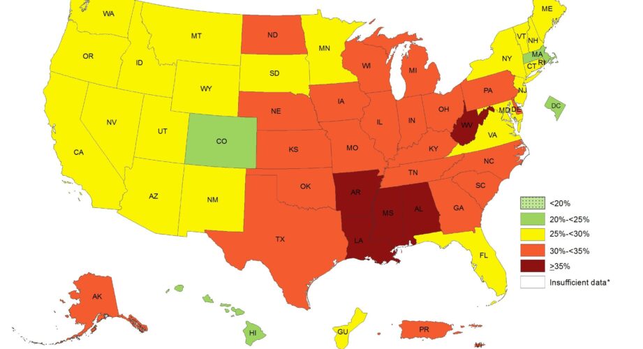 (Prevalence of Self-Reported Obesity Among U.S. Adults by State and Territory, Behavioral Risk Factor Surveillance System, 2016 / CDC)