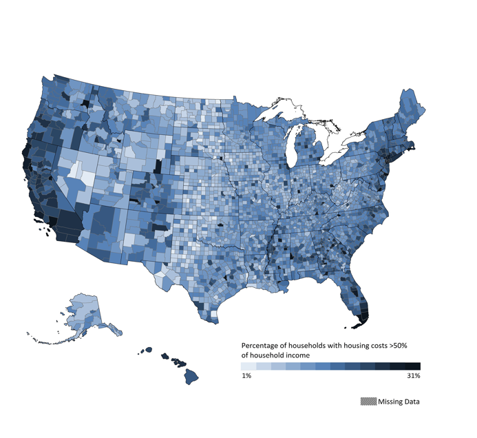 (Severe Housing Cost Burden Among U.S. Counties, 2011-2015 / countyhealthrankings.org)