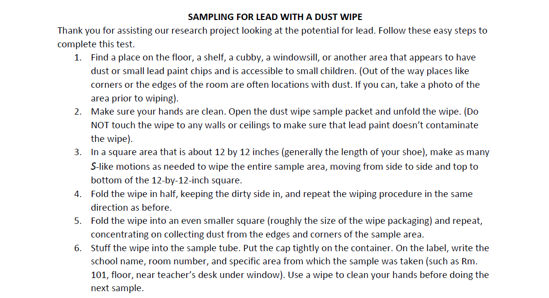 Lead dust wipe instructions (provided by Wendy Ruderman)