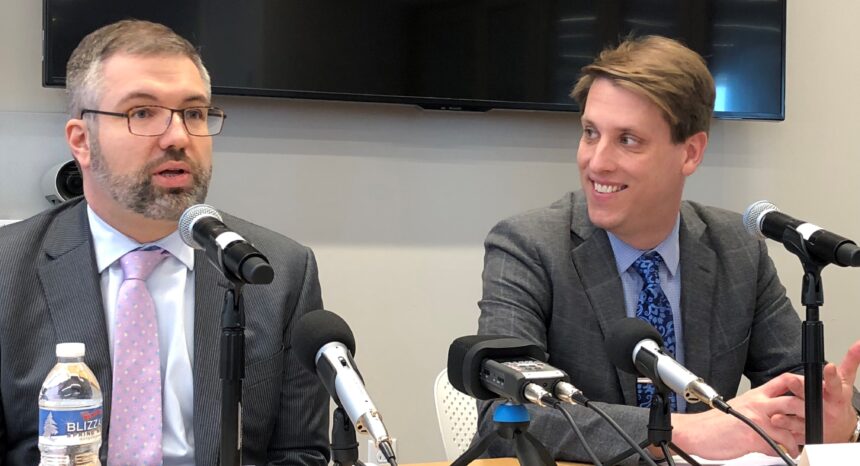 Journalist Garrett Graff, right, and Shorenstein Center Director Nicco Mele, left.