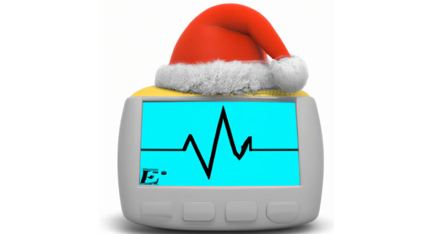 Medical monitor wearing a Santa hat.