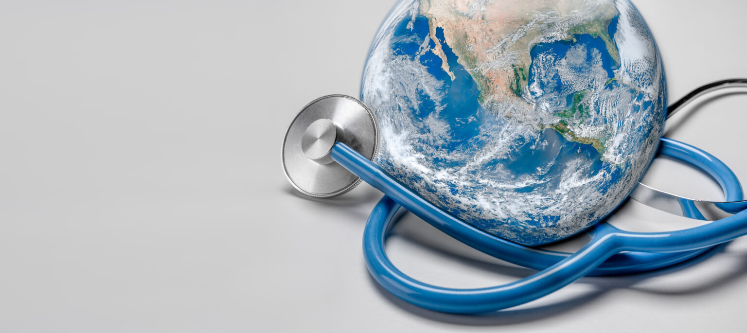 Stethoscope listening planet Earth. Global Healthcare. Stethoscope wrapped around globe on white background. Global health and Green Earth day concept. Elements of this image were furnished by NASA