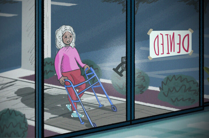 illustration of an older woman with a walker standing against a closed glass hospital door.