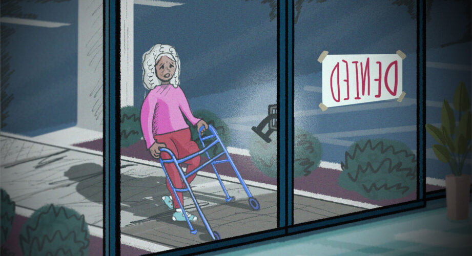 illustration of an older woman with a walker standing against a closed glass hospital door.