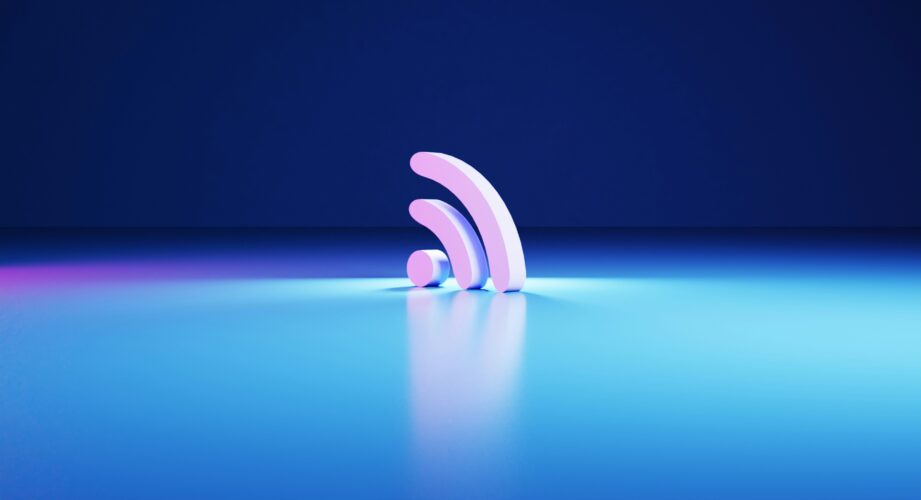 Minimalist 3D illustration of a glowing pink Wi‑Fi signal icon standing on a reflective blue surface with a dark blue gradient background.